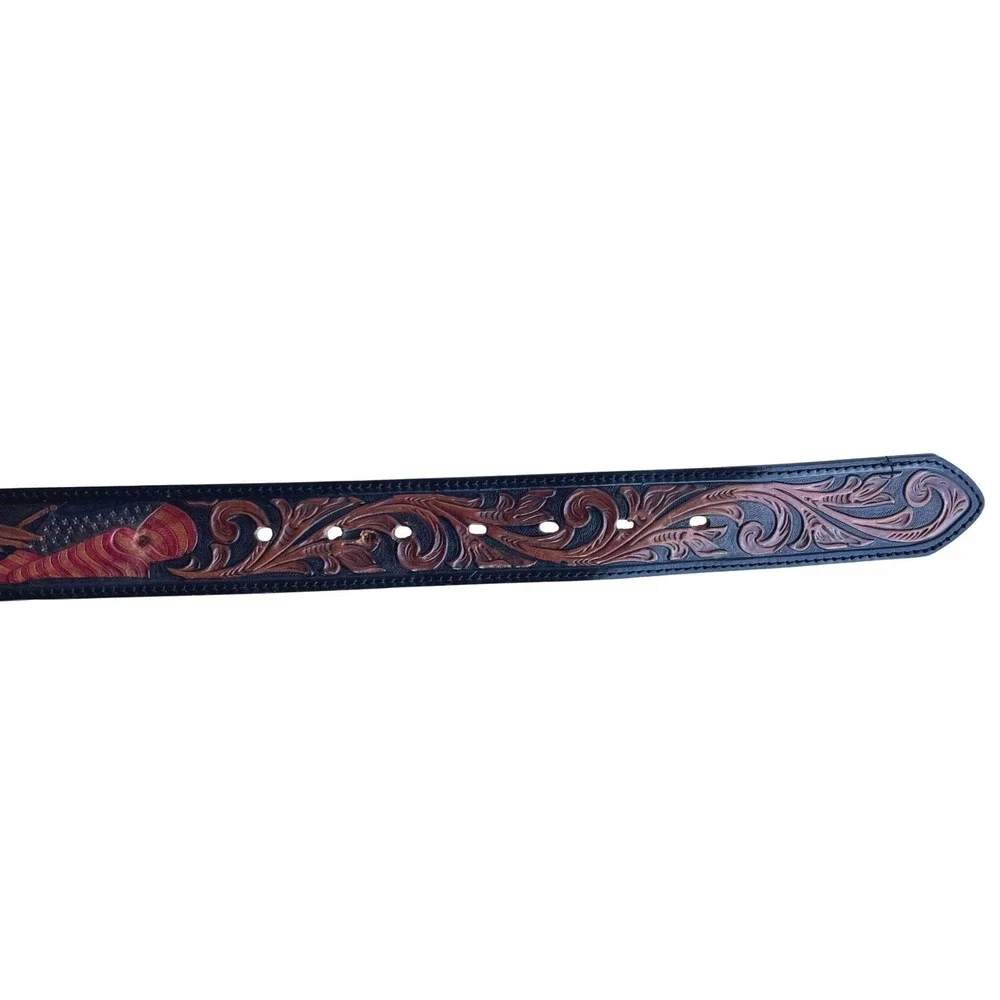 Silver Creek Classics Tooled Leather Eagle Flag Western Belt Black, Mens 42